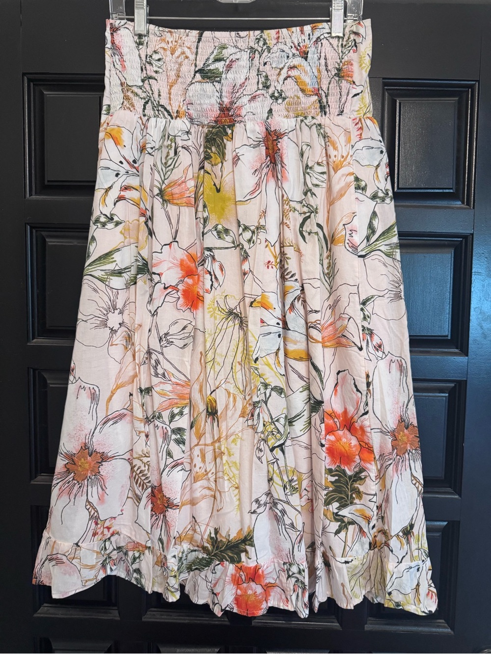 INC International Concepts Peach Floral Smocked Circle Skirt with Green Leaves